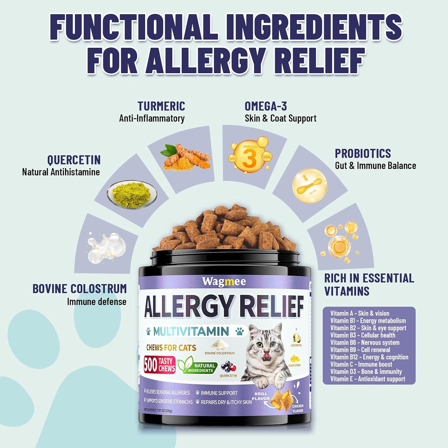 Close up view of the 500 count bulk pack jar for feline itchy skin and paw licking relief.