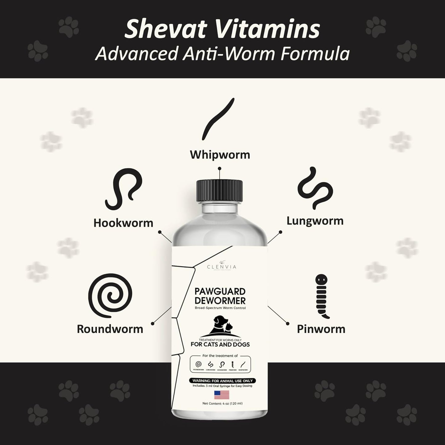 Chicken flavored pet dewormer bottle with the included three milliliter oral dosing syringe.
