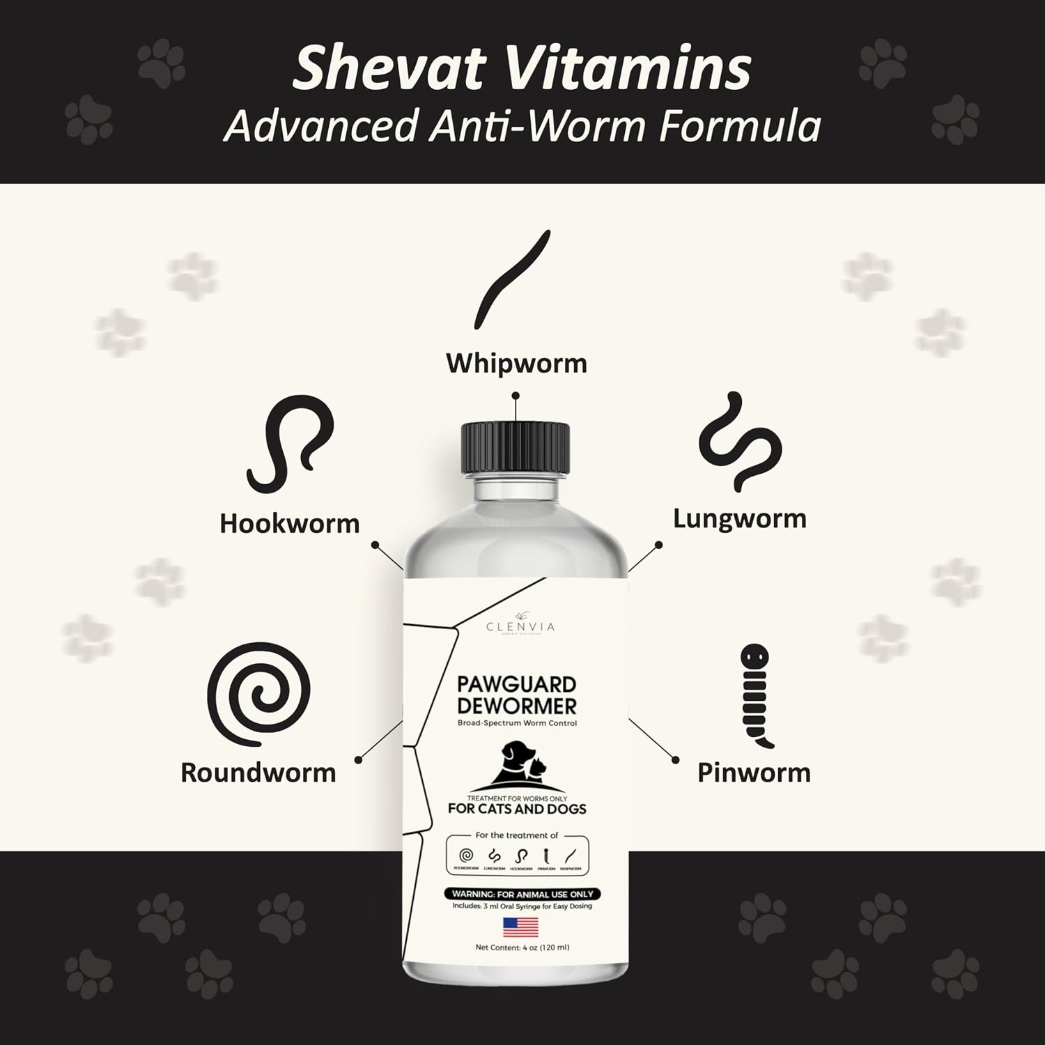Chicken flavored pet dewormer bottle with the included three milliliter oral dosing syringe.