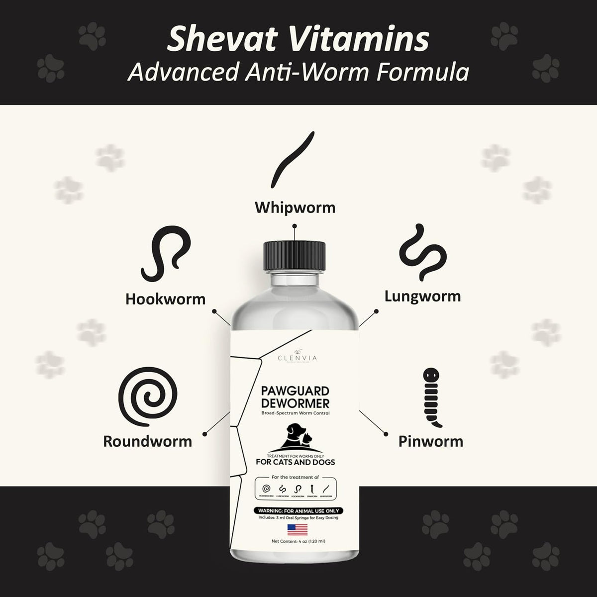 Chicken flavored pet dewormer bottle with the included three milliliter oral dosing syringe.