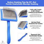 Long pin dog detangler brush angled bristle close up view.