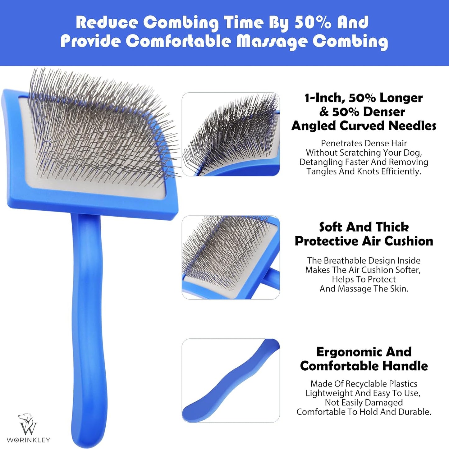 Long pin dog detangler brush angled bristle close up view.