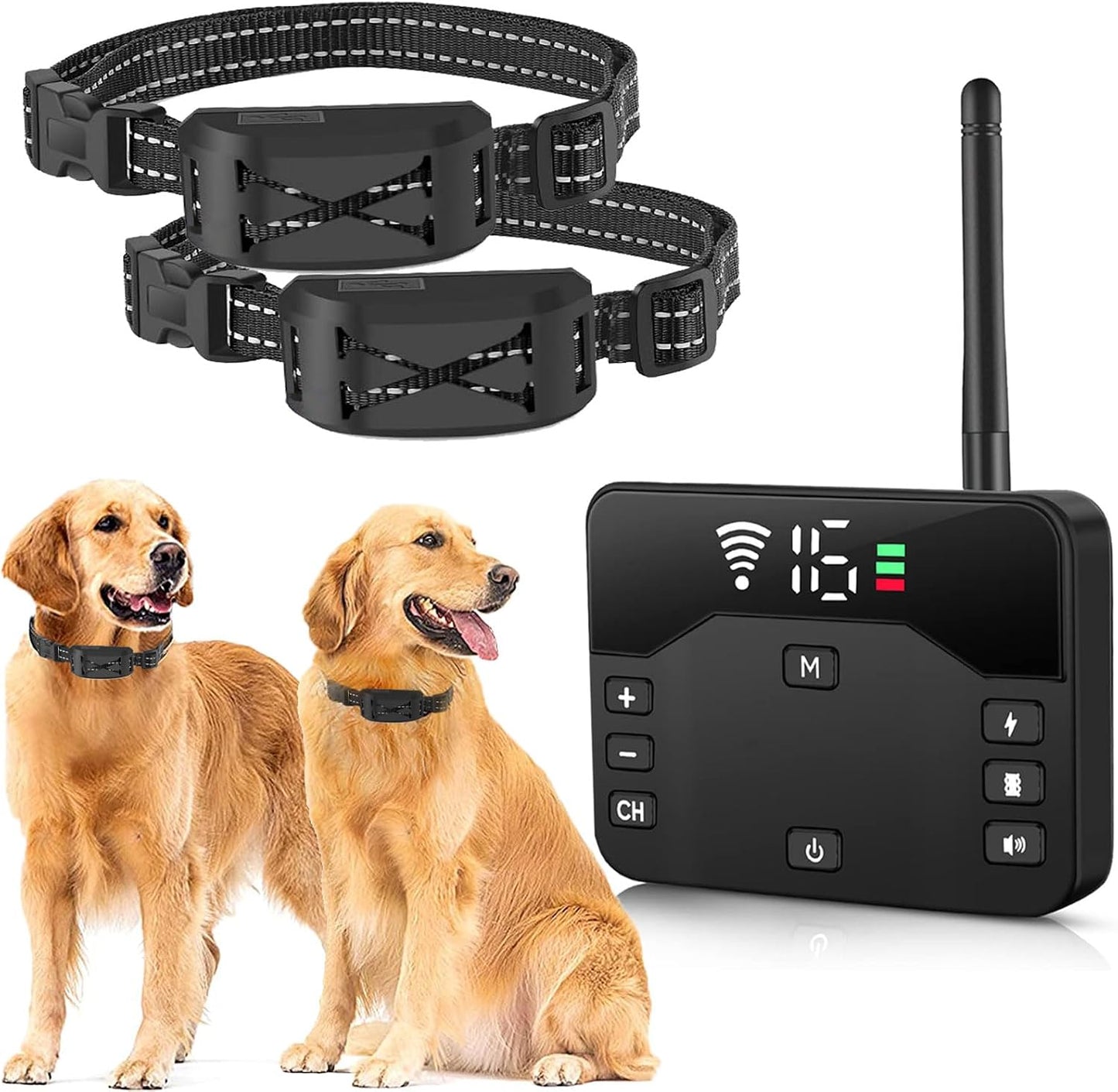 Zvsay wireless dog fence system transmitter and receiver collars front view showing digital display panel