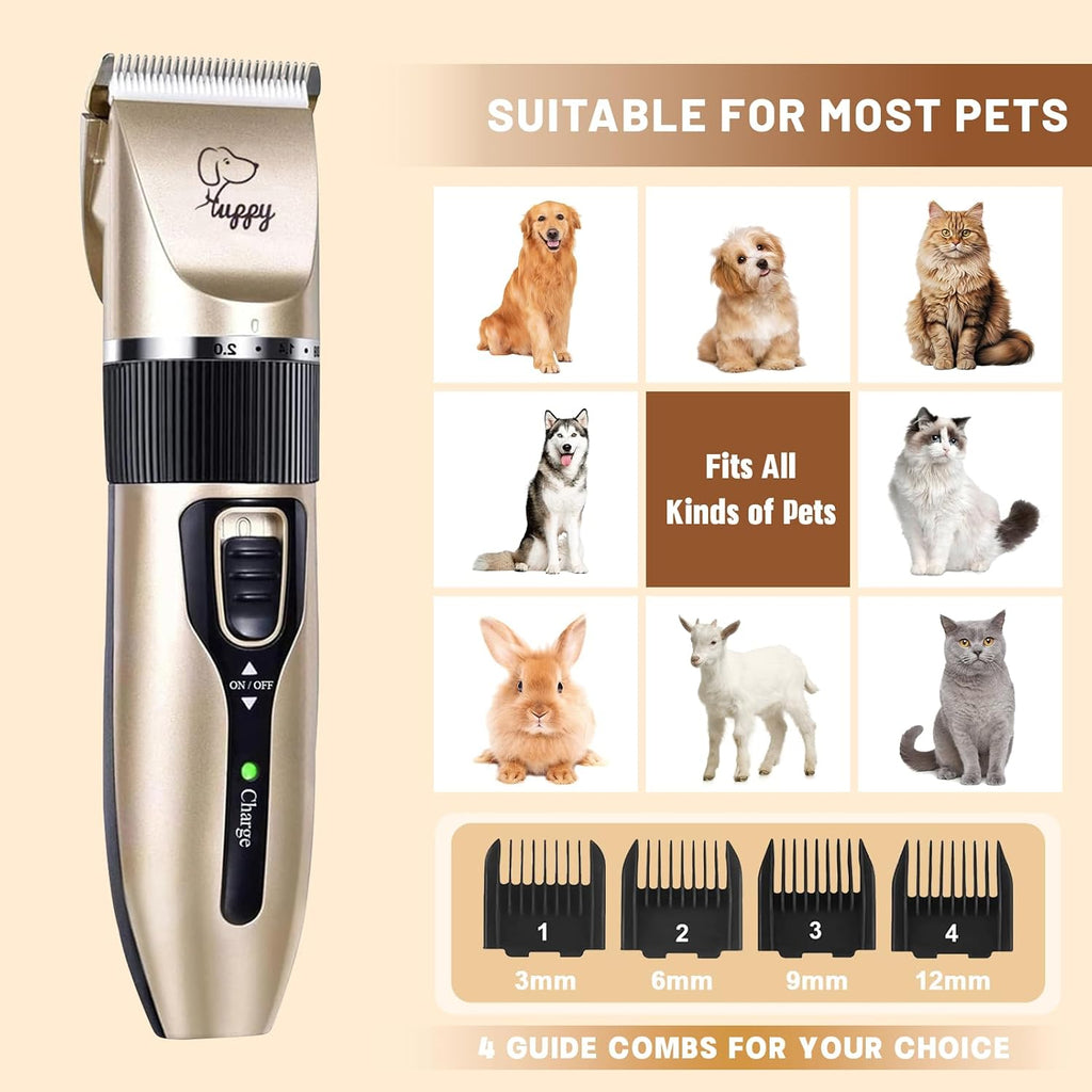 HappyYILIDA quiet dog grooming kit showing four adjustable guide combs and attachment accessories
