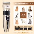 HappyYILIDA quiet dog grooming kit showing four adjustable guide combs and attachment accessories