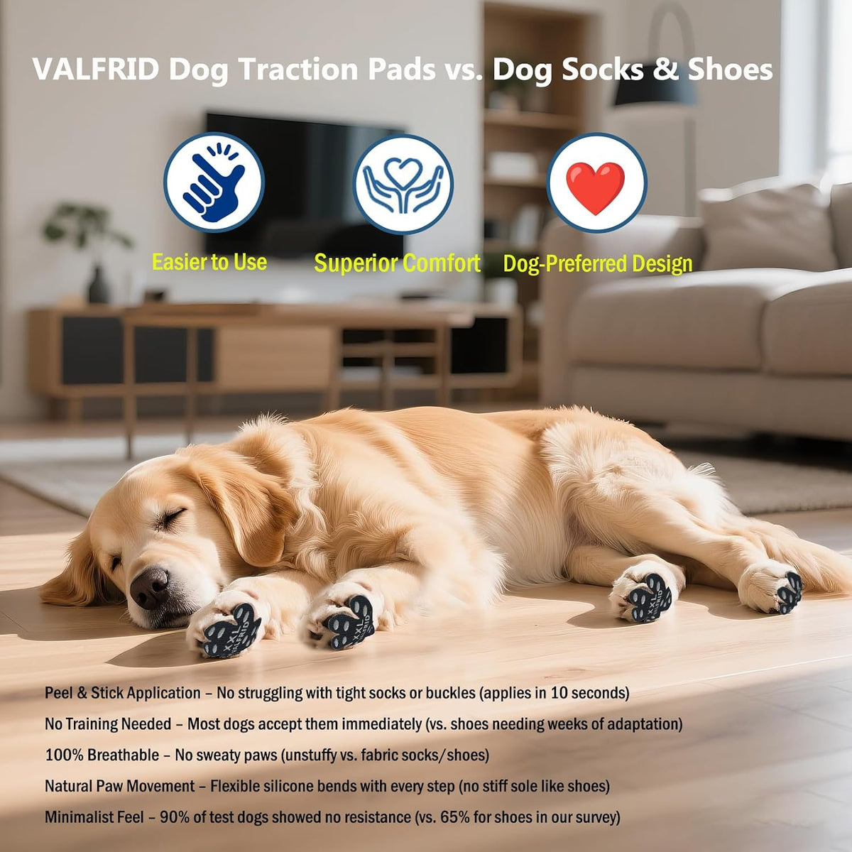 Comparison of Valfrid adhesive pads versus traditional dog shoes
