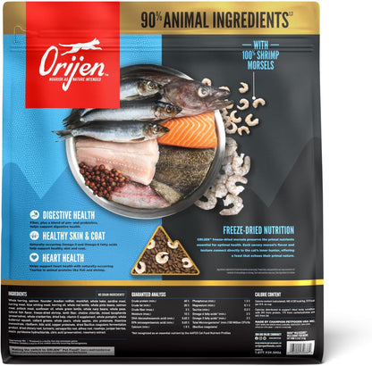 ORIJEN high protein grain free cat food bag showing freeze dried shrimp ingredients