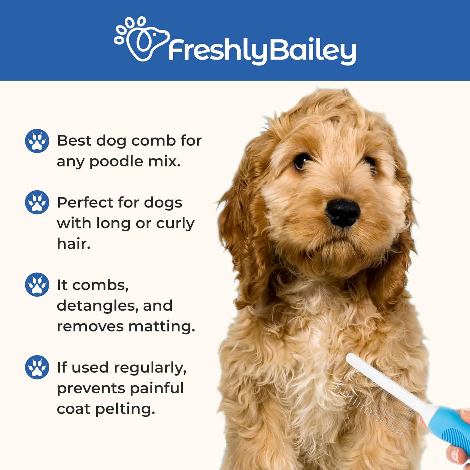 Freshly Bailey dog and cat comb showcasing the anti slip rubber grip handle for comfortable grooming