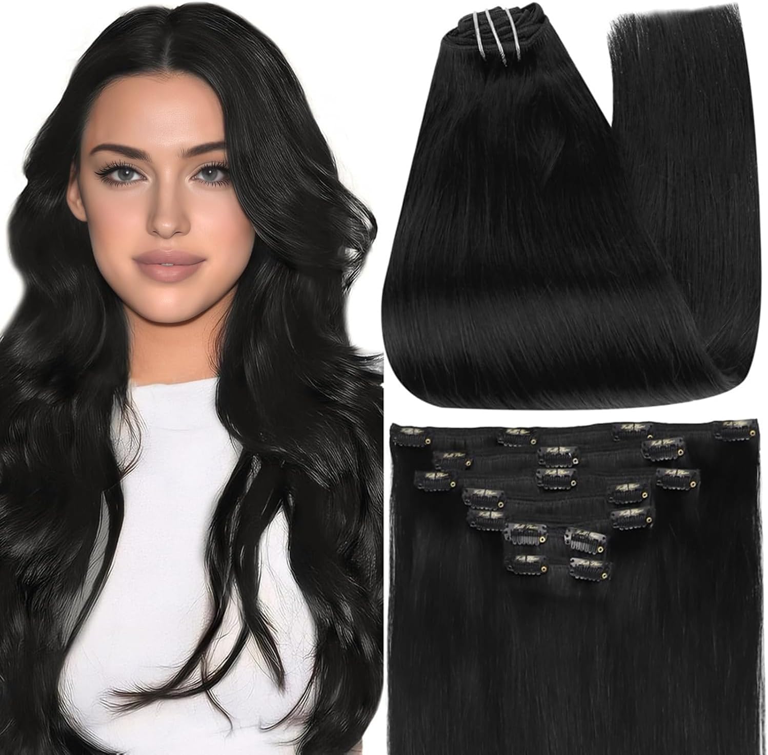 Full Shine Black Clip In Hair Extensions front view showing 7 pieces of jet black human hair.