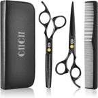 CIICII hair cutting scissors kit front view displaying the complete eight piece professional black hairdressing set