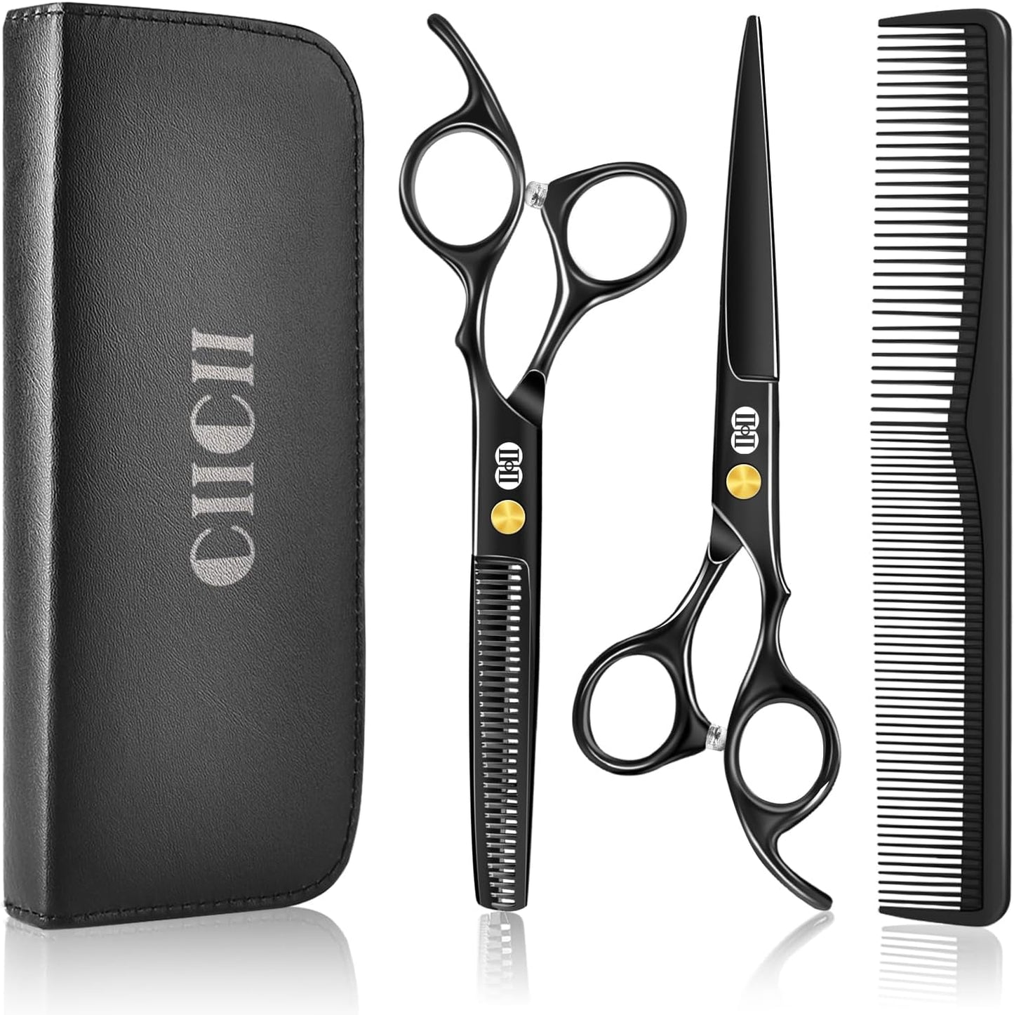 CIICII hair cutting scissors kit front view displaying the complete eight piece professional black hairdressing set