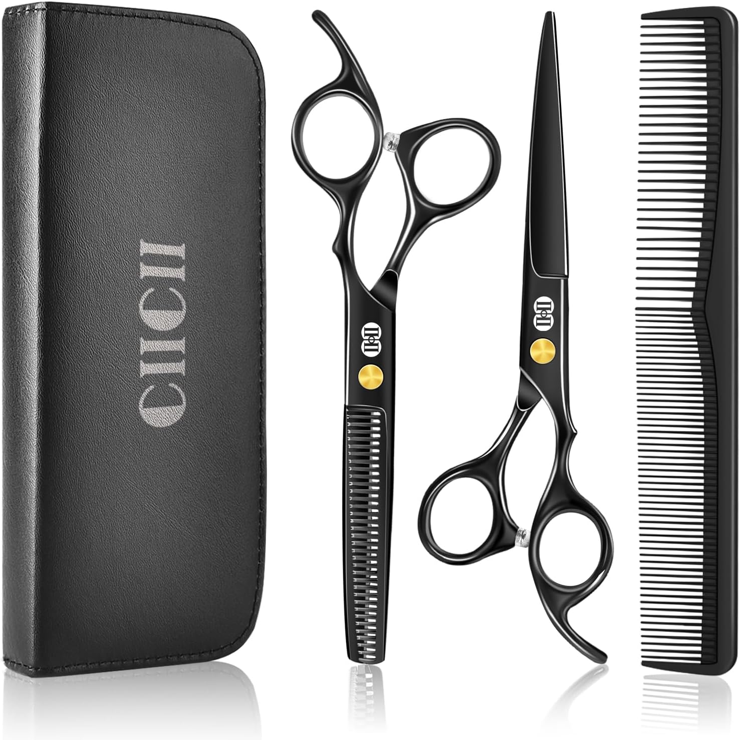 CIICII hair cutting scissors kit front view displaying the complete eight piece professional black hairdressing set