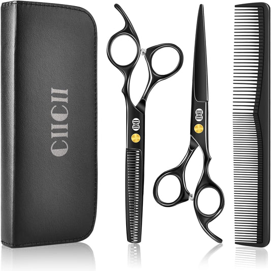 CIICII hair cutting scissors kit front view displaying the complete eight piece professional black hairdressing set