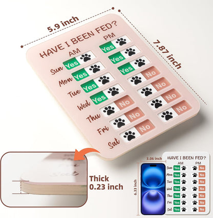 Magnetic pet feed tracker sign attached to a kitchen refrigerator door.