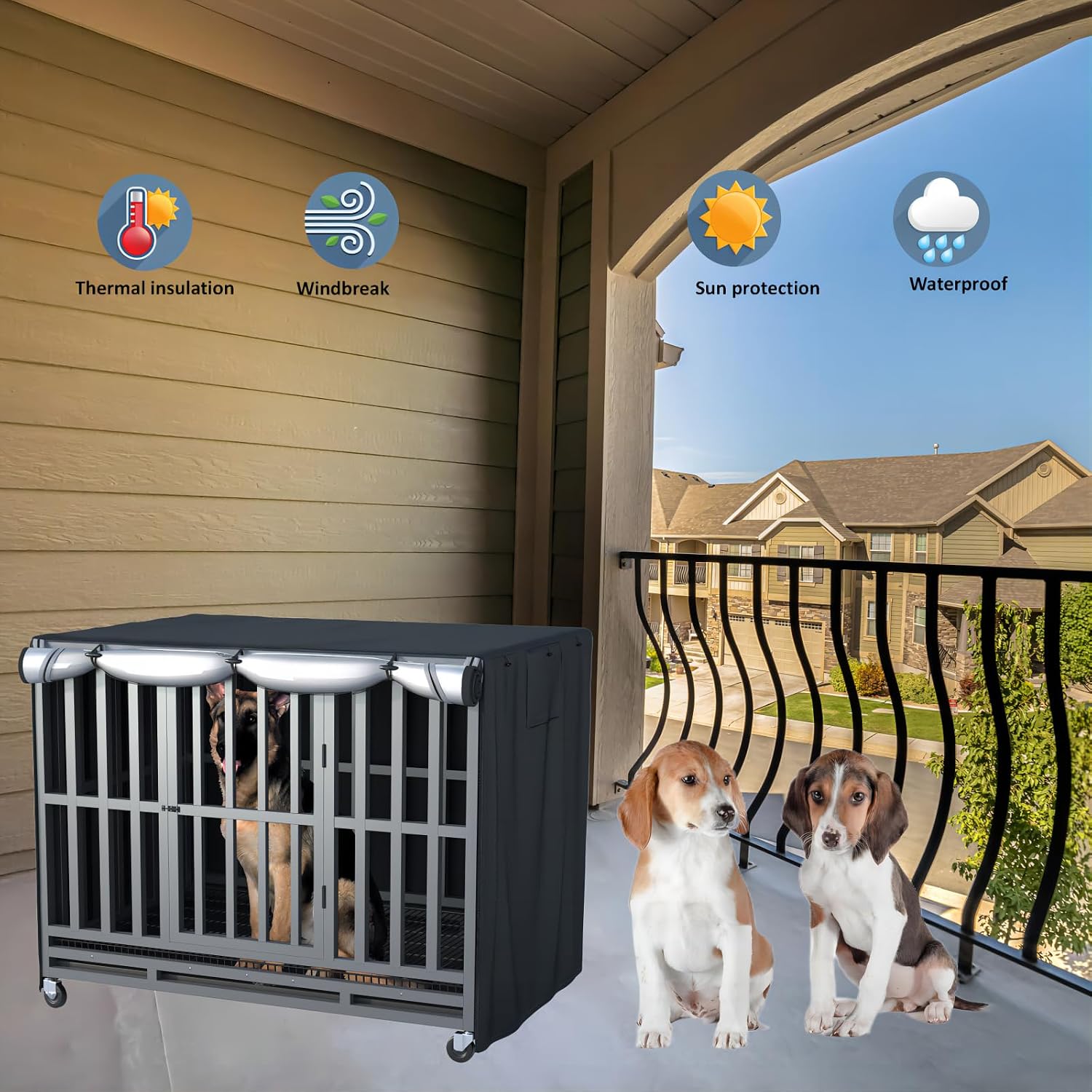 MDHAO premium weather resistant dog kennel cover showcasing secure snap button attachments