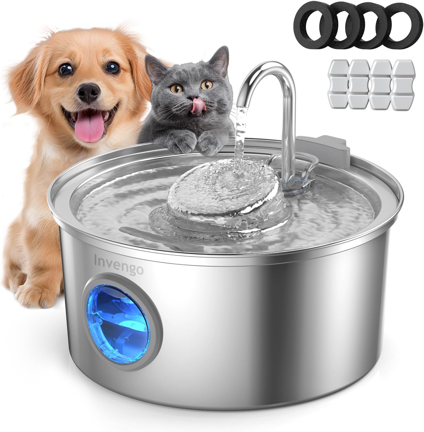 Invengo Cat Water Fountain Stainless Steel, 108oz/3.2L Pet Fountain with Large Water Level Window, Ultra Quiet Automatic Cat Water Dispenser for Cats and Dogs, 2 Flow Modes, Splash-Proof Design - Image 10