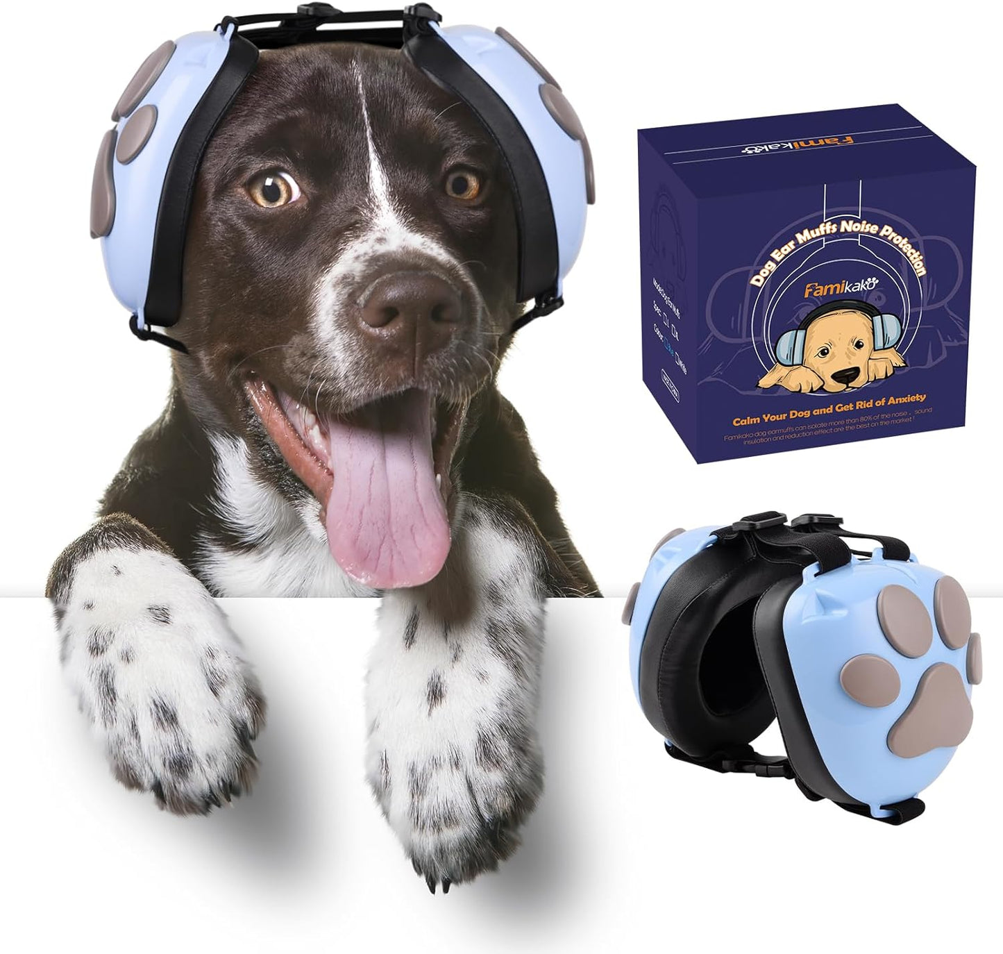 Famikako upgraded dog ear muffs front view showing the light blue color and protective design.