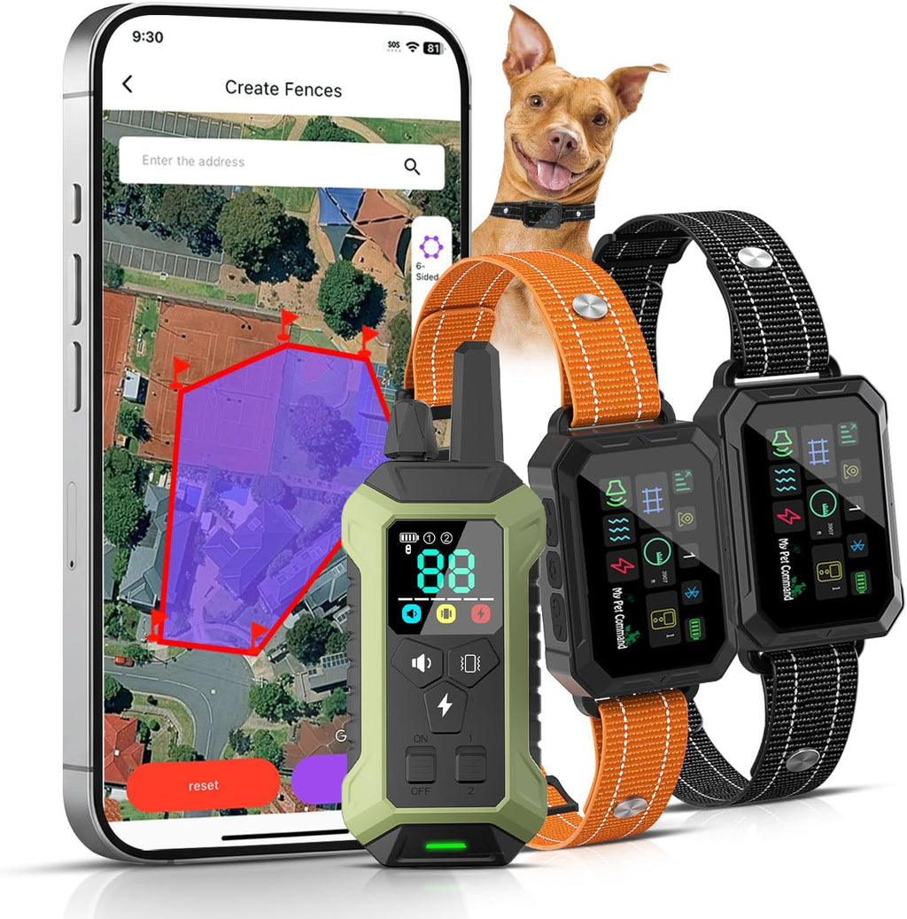 My Pet Command GPS wireless dog fence kit front view with handheld remote and two collars
