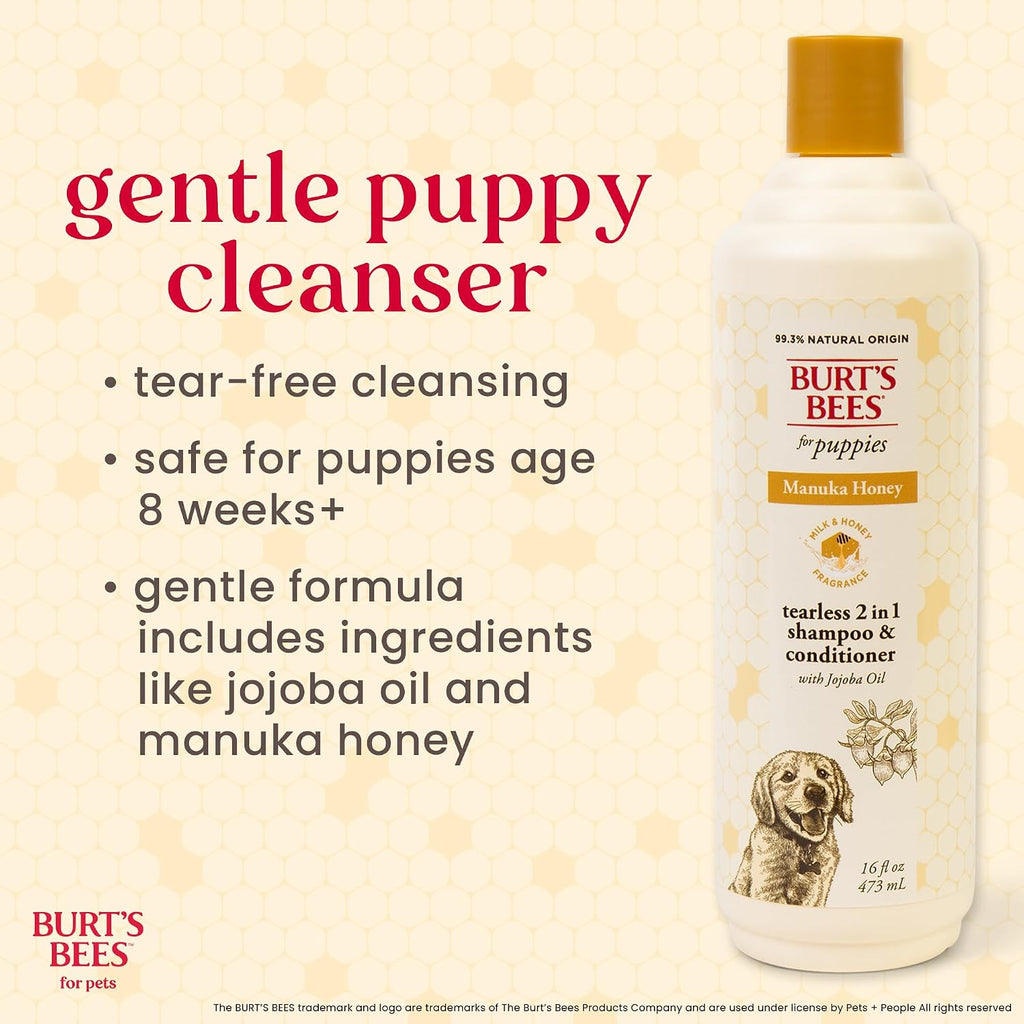 Natural dog shampoo with New Zealand manuka honey and jojoba oil close up bottle view.