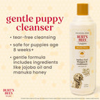 Natural dog shampoo with New Zealand manuka honey and jojoba oil close up bottle view.