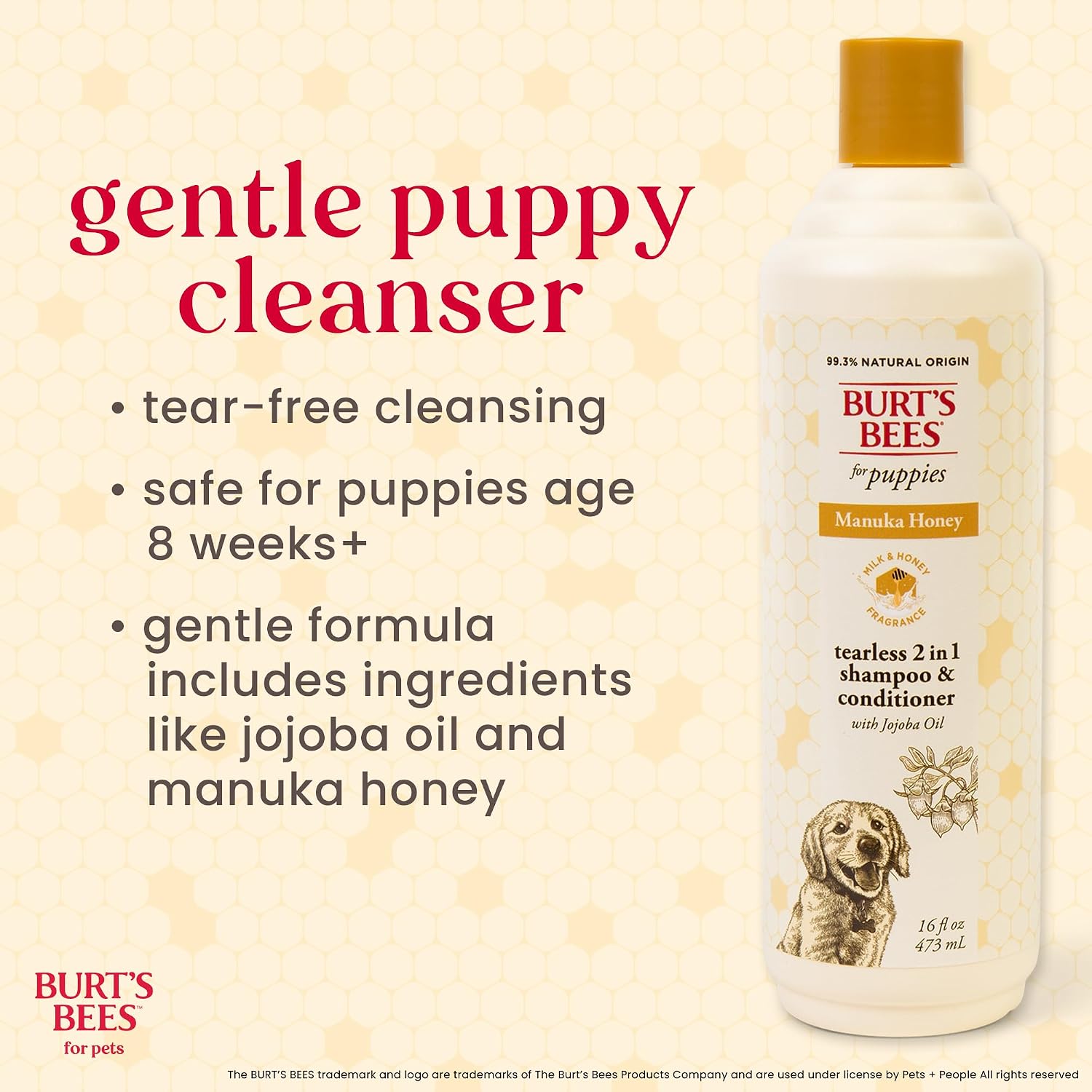 Natural dog shampoo with New Zealand manuka honey and jojoba oil close up bottle view.