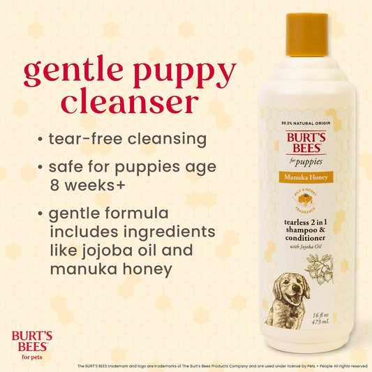 Natural dog shampoo with New Zealand manuka honey and jojoba oil close up bottle view.