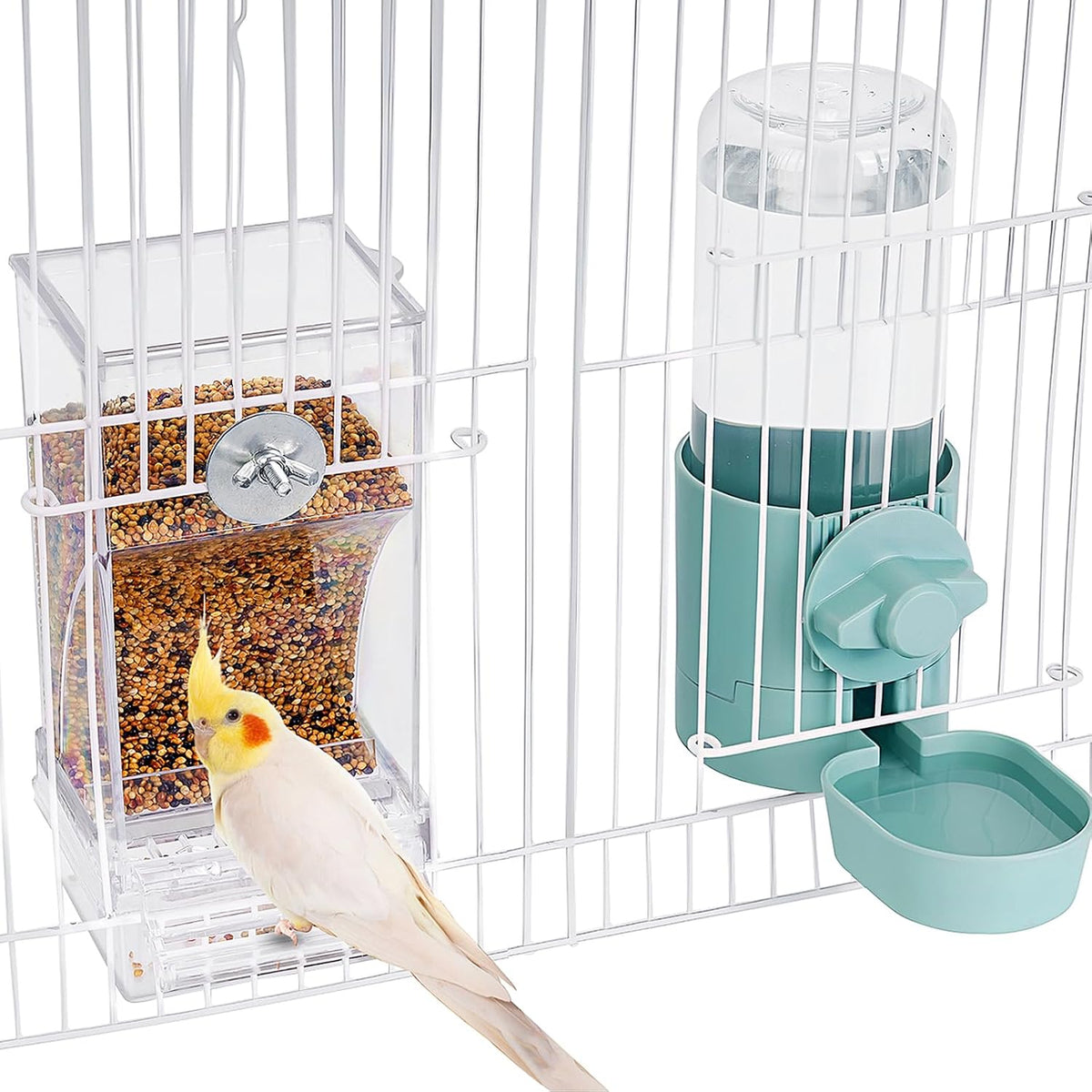 lemtrflo No Mess Bird Feeder Water Dispenser Set front view showing transparent design.