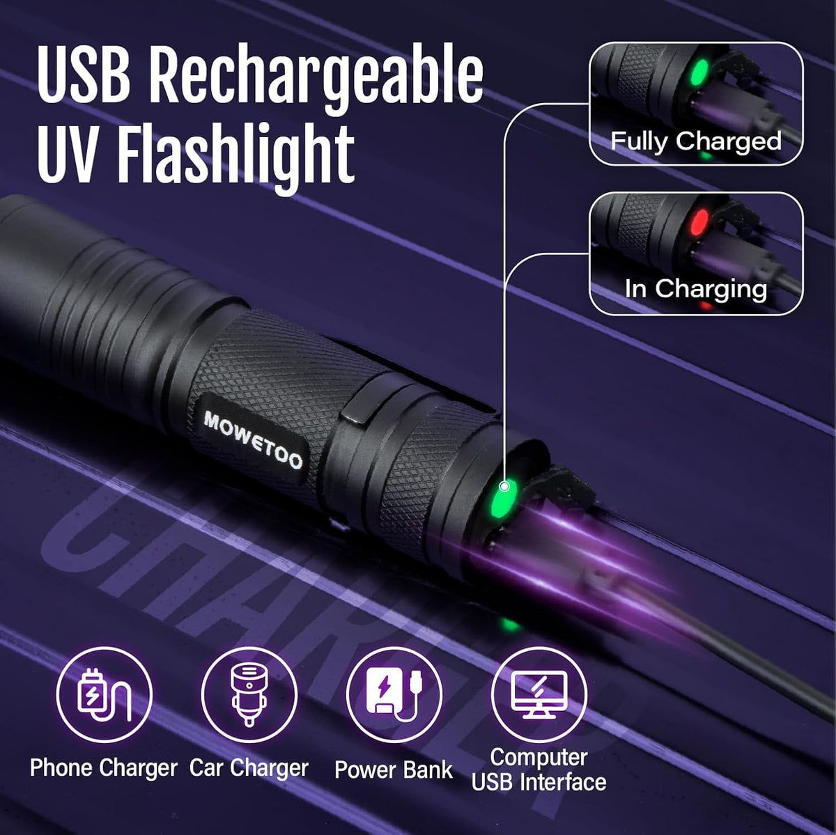 MOWETOO telescopic zoomable flashlight adjusting from a broad floodlight beam to a concentrated ultraviolet spotlight.