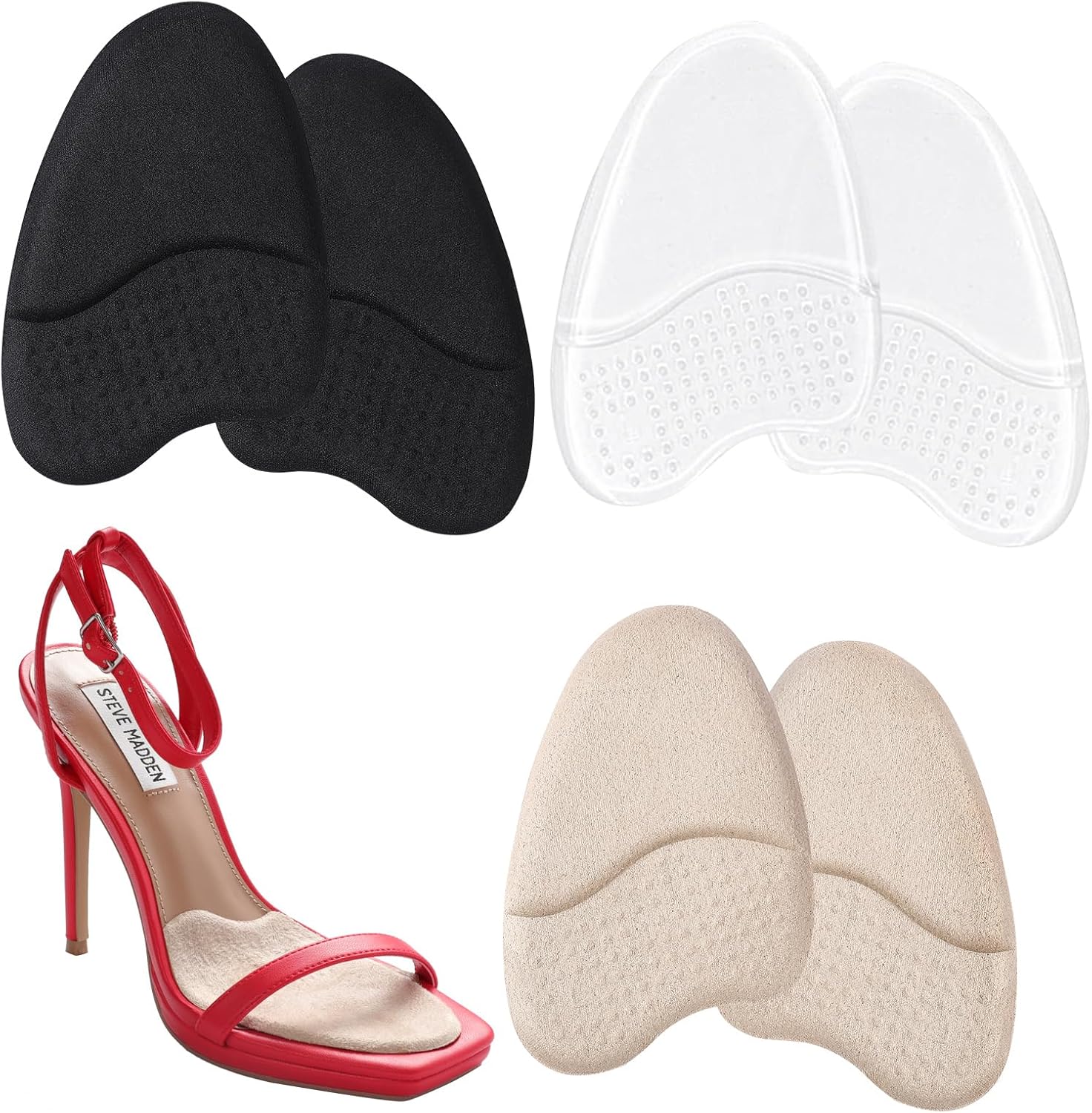 Ashoesert Metatarsal Pads front view showing 3 pairs in black clear and beige colors.