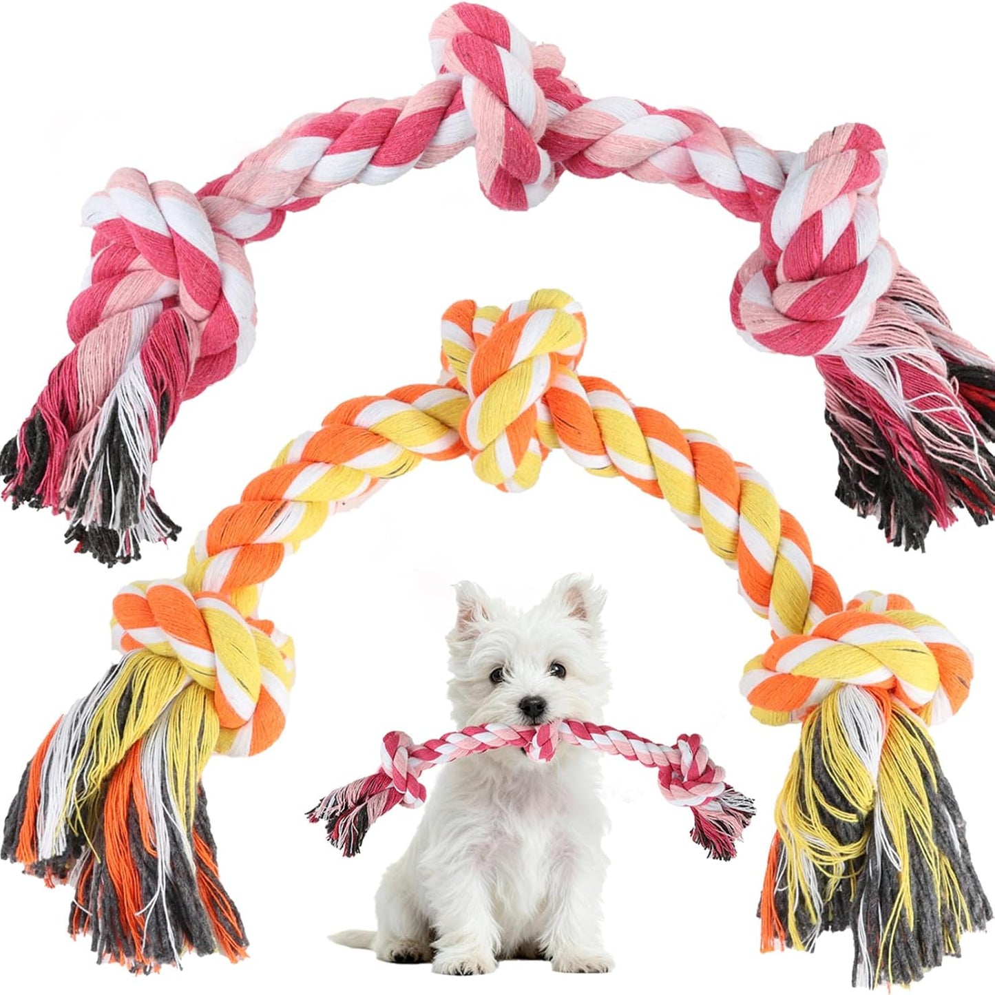 SZEE dog rope toy two pack front view featuring vibrant pink and orange braided cotton textures