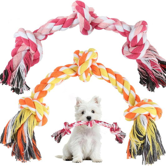 SZEE dog rope toy two pack front view featuring vibrant pink and orange braided cotton textures