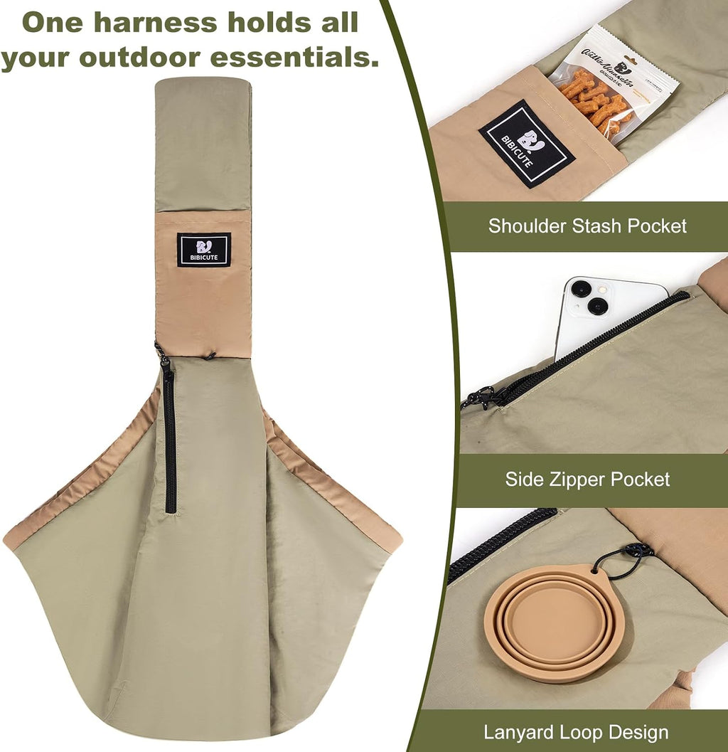Small dog resting comfortably inside green travel sling