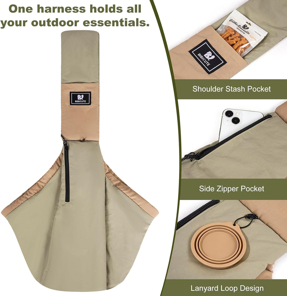 Small dog resting comfortably inside green travel sling