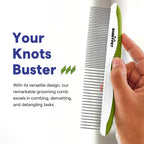 Close up of the green non slip handle on the pet grooming comb highlighting ergonomic design.