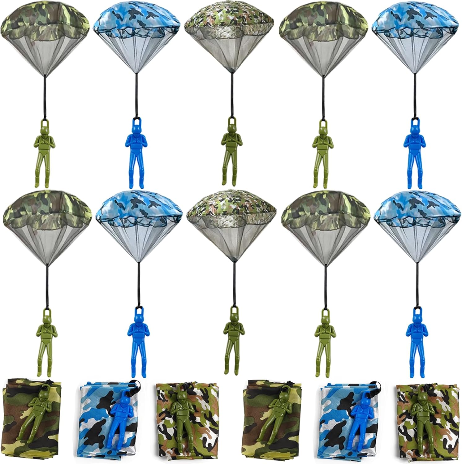 ROYHOO 15 Pieces Army Camo Parachute Toys front view showcasing three different camouflage colors of outdoor flying paratroopers.