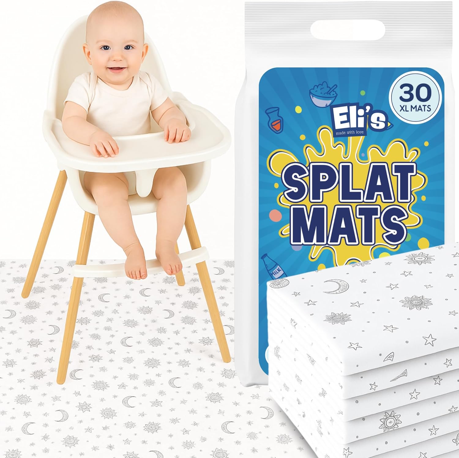 Eli with Love disposable splat mats front view showing the moon and stars design under a baby high chair.