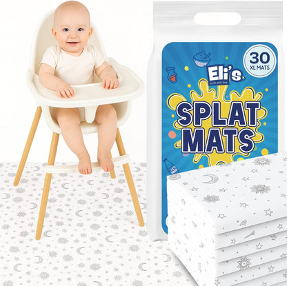 Eli with Love disposable splat mats front view showing the moon and stars design under a baby high chair.