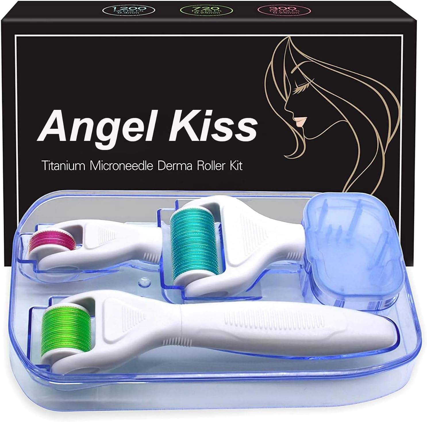 Angel Kiss 4 in 1 titanium microneedling derma roller kit front view package