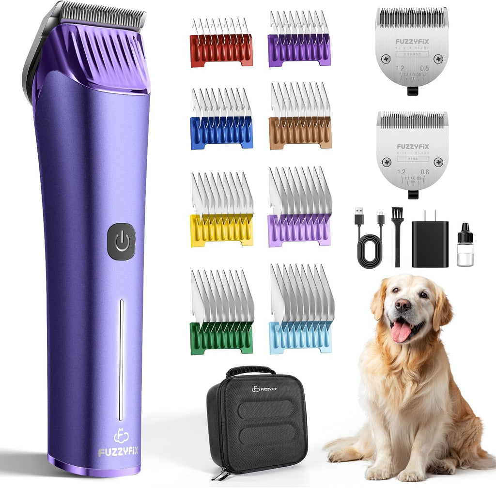 FuzzyFix Nova professional dog grooming clipper front view showing purple ergonomic metal body.