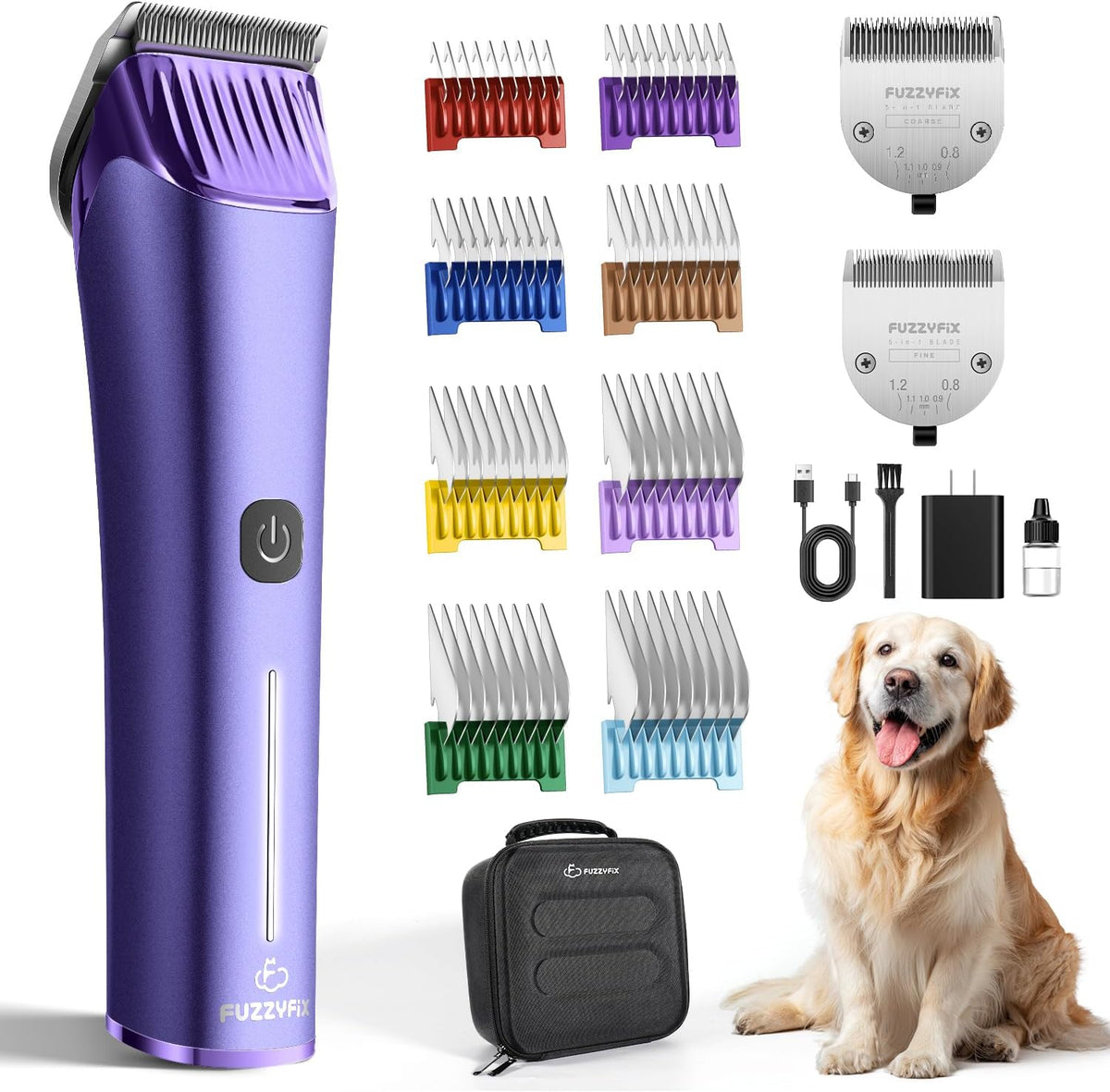 FuzzyFix Nova professional dog grooming clipper front view showing purple ergonomic metal body.
