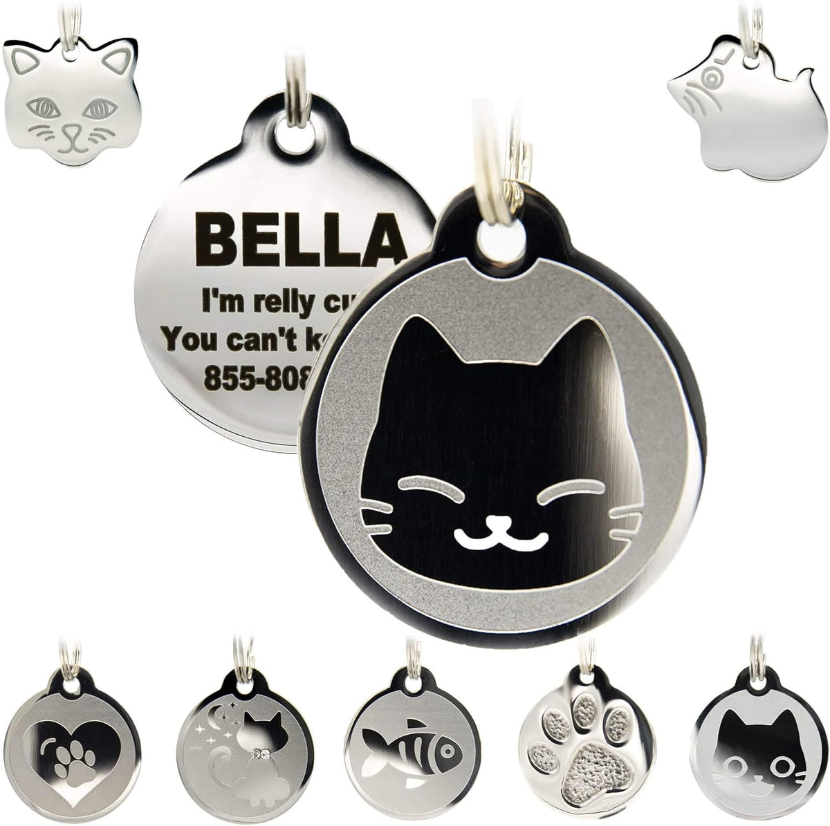 Stainless Steel Cat ID Tags - Engraved Personalized Cat Tags Includes up to 4 Lines of Text with Kitty Shape - Image 13