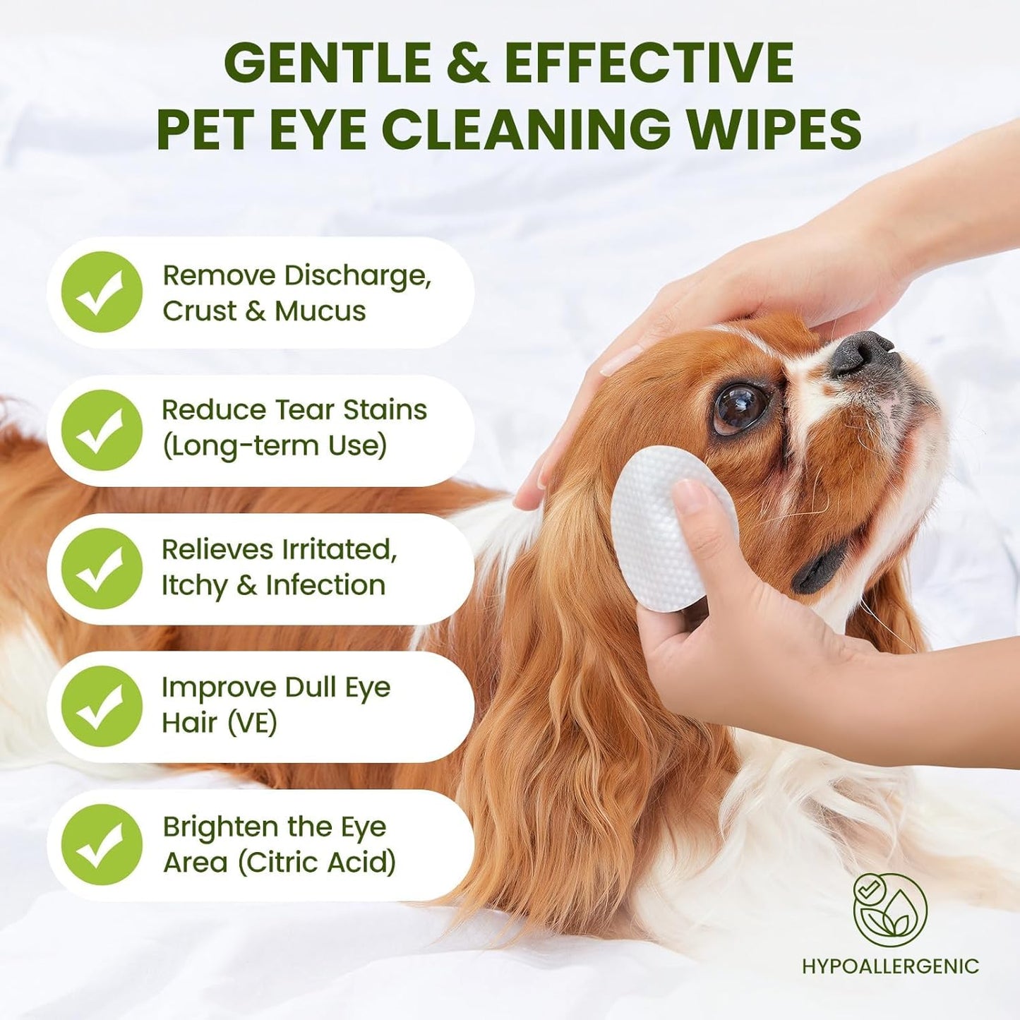 Dual-textured pet eye wipes showing smooth side and textured pearl side for deep cleaning