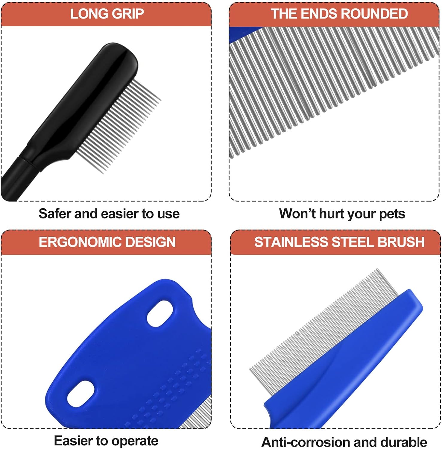 Boao long handled pet grooming comb showing the textured non slip ergonomic handle