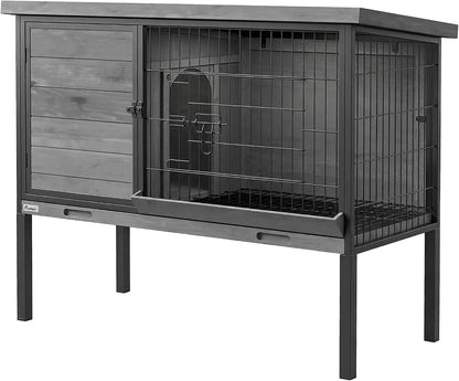 PawHut Elevated Rabbit Hutch with Pull-Out Tray, Wooden Bunny House Rabbit Cage for Outdoor Indoor Use, Openable Plastic Roof, Light Gray - Image 1