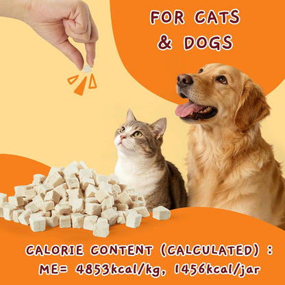 Natural raw chicken bites used as an edible food topper on dry pet kibble