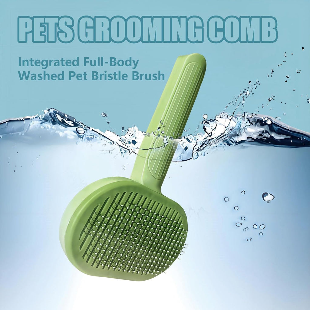 Self-cleaning cat grooming brush button mechanism