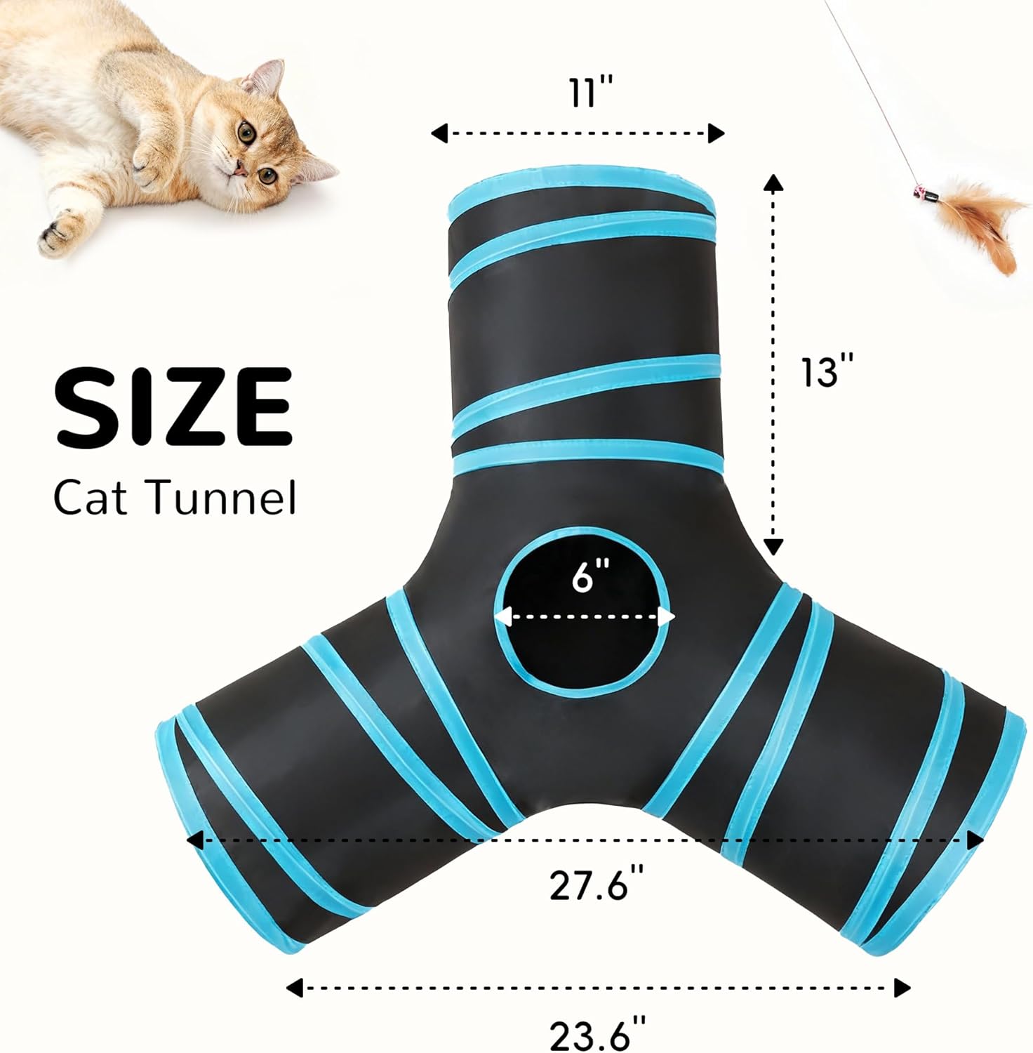 Interactive pet tunnel with cat exploring the central peephole and dangling toy.