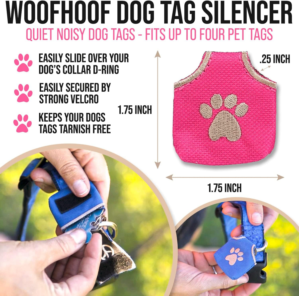 Woofhoof pink dog tag cover attached to a pet collar ring
