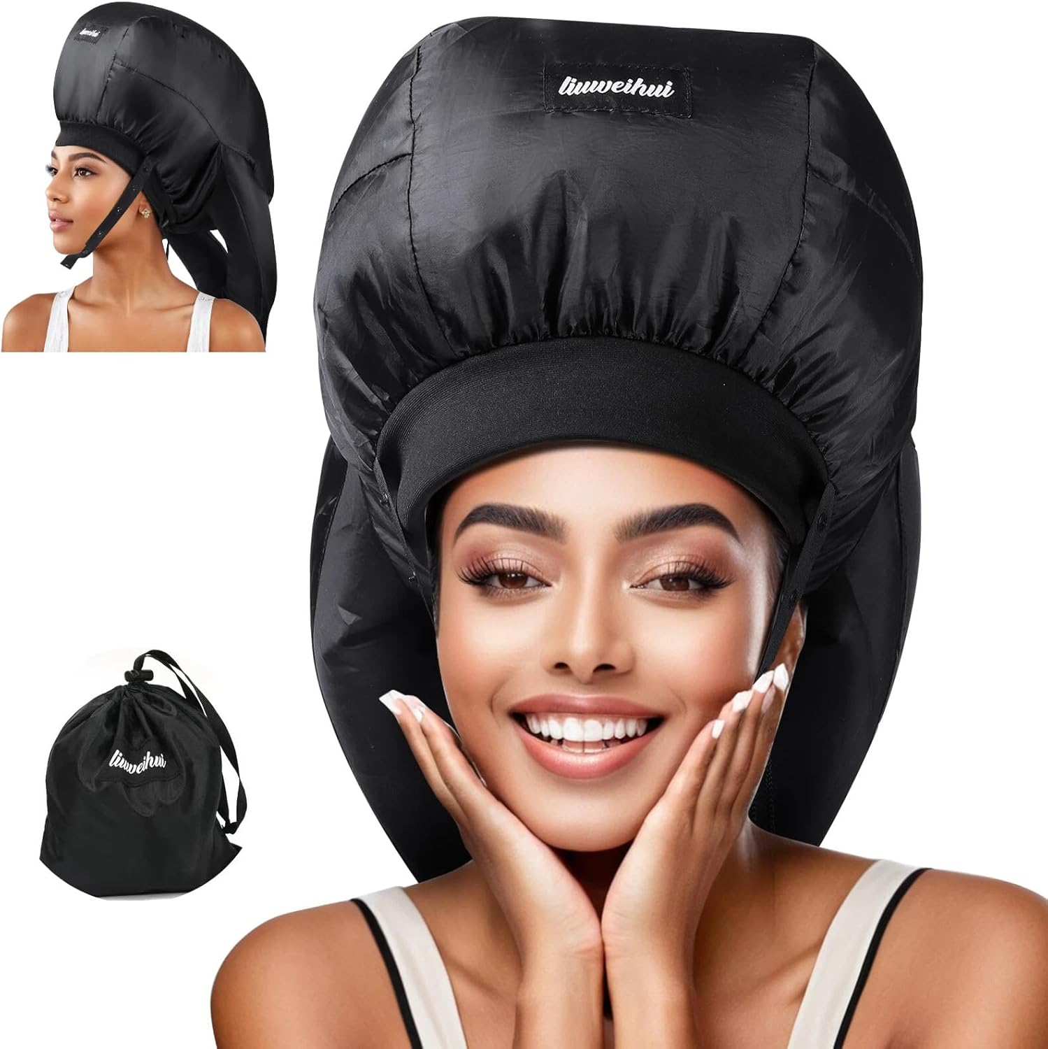 Liuweihui ultimate hooded hair dryer bonnet attachment front view showcasing spacious black nylon cap design for curly hair