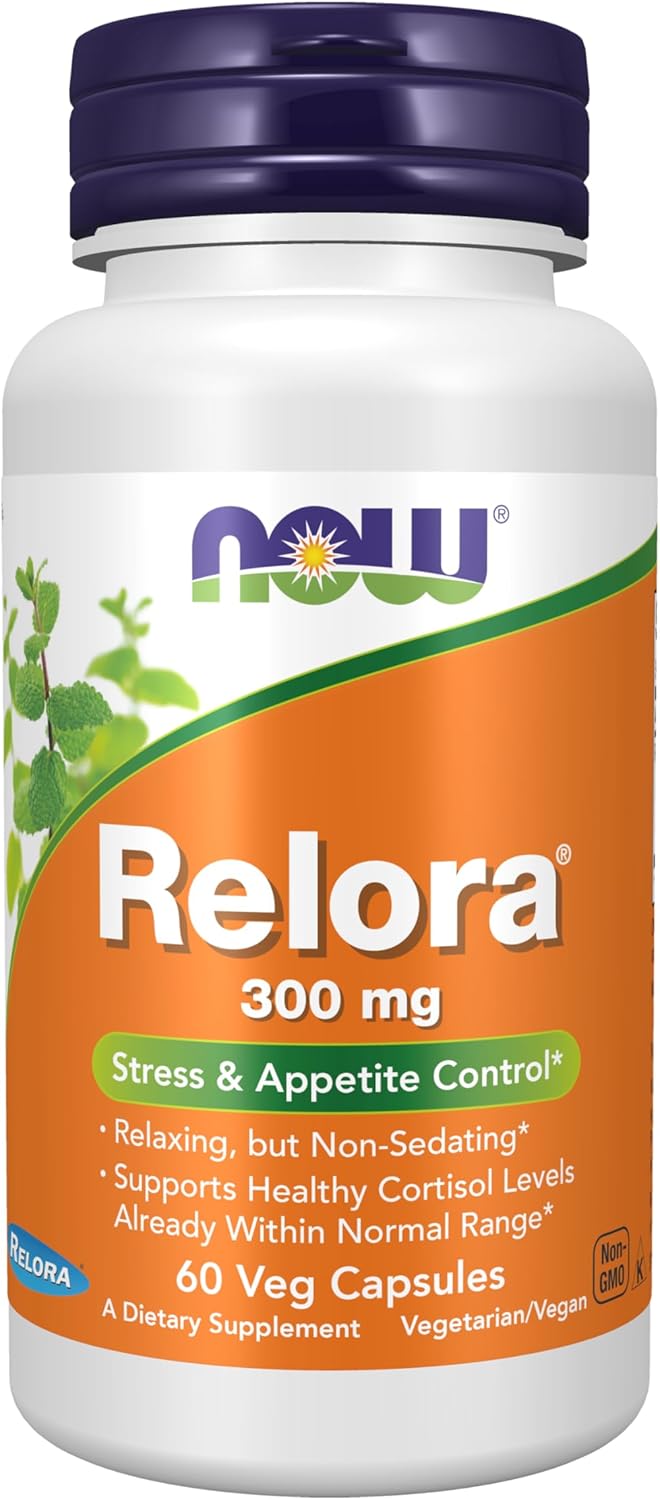 NOW Foods Relora 300 Milligrams 60 vegetarian capsules front view showing stress and appetite control benefits.